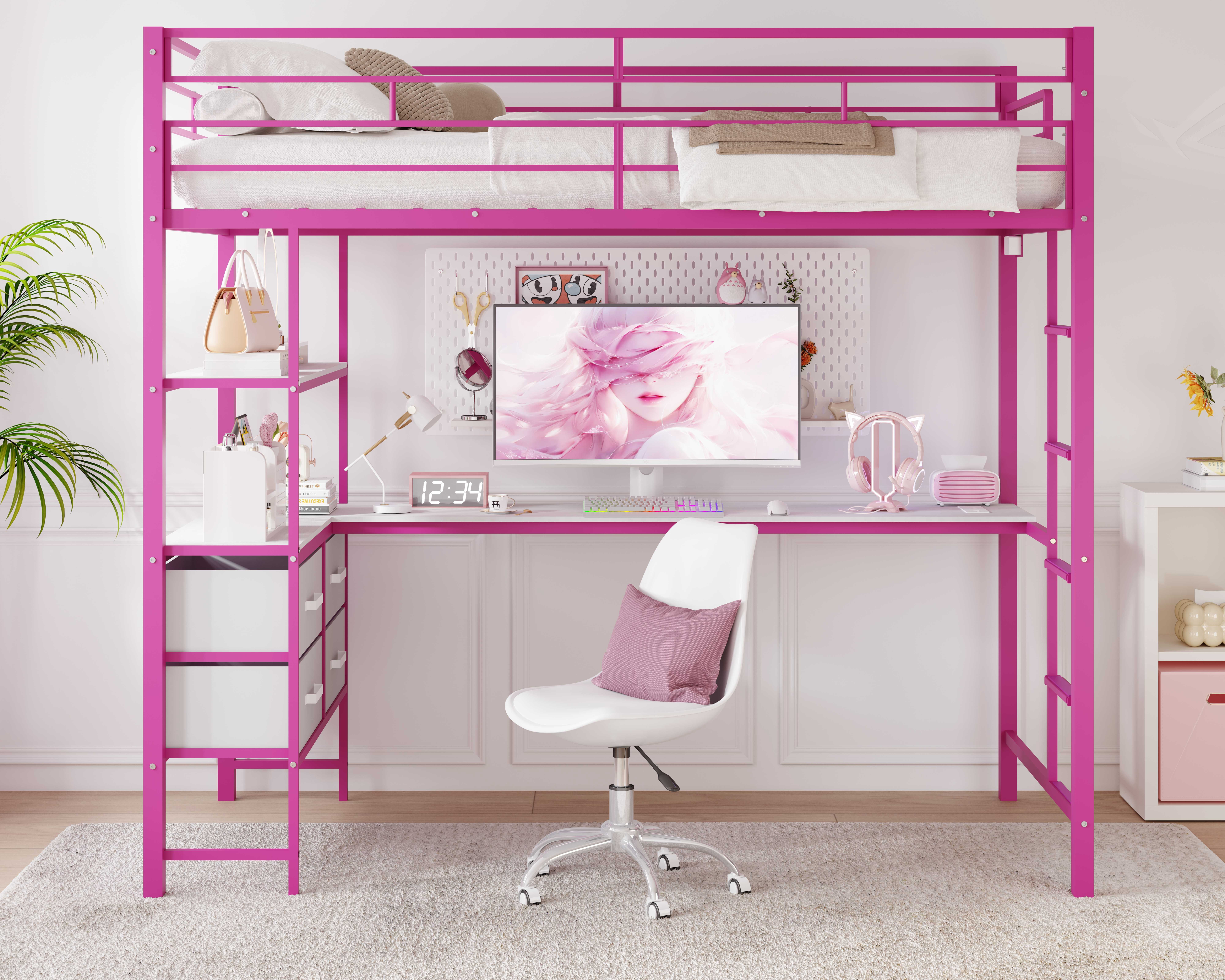 Ktaxon Full Loft Bed with L Shaped Desk, Bed Frame with LED Light