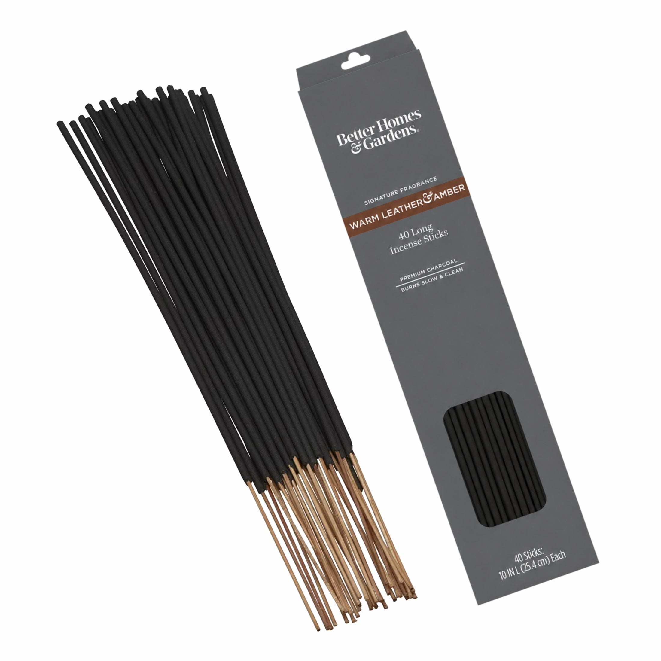Better Homes & Gardens 10" Premium Charcoal Incense Sticks, Warm Leather & Amber, 40 Pack