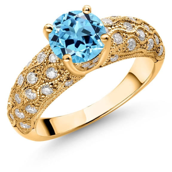 Gem Stone King 18K Yellow Gold Plated Silver Swiss Blue Topaz and White Moissanite Engagement Ring for Women (1.99 Cttw, Round 7MM, Gemstone November Birthstone, Size 7)