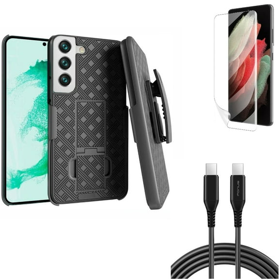 Matte Screen Protector & Case Belt Clip & 6ft Long USB-C Cable for Samsung Galaxy S22 Plus (S22 ) - Combo TPU Film Anti-Glare & Holster Swivel Cover & PD Fast Charger Cord Power Wire