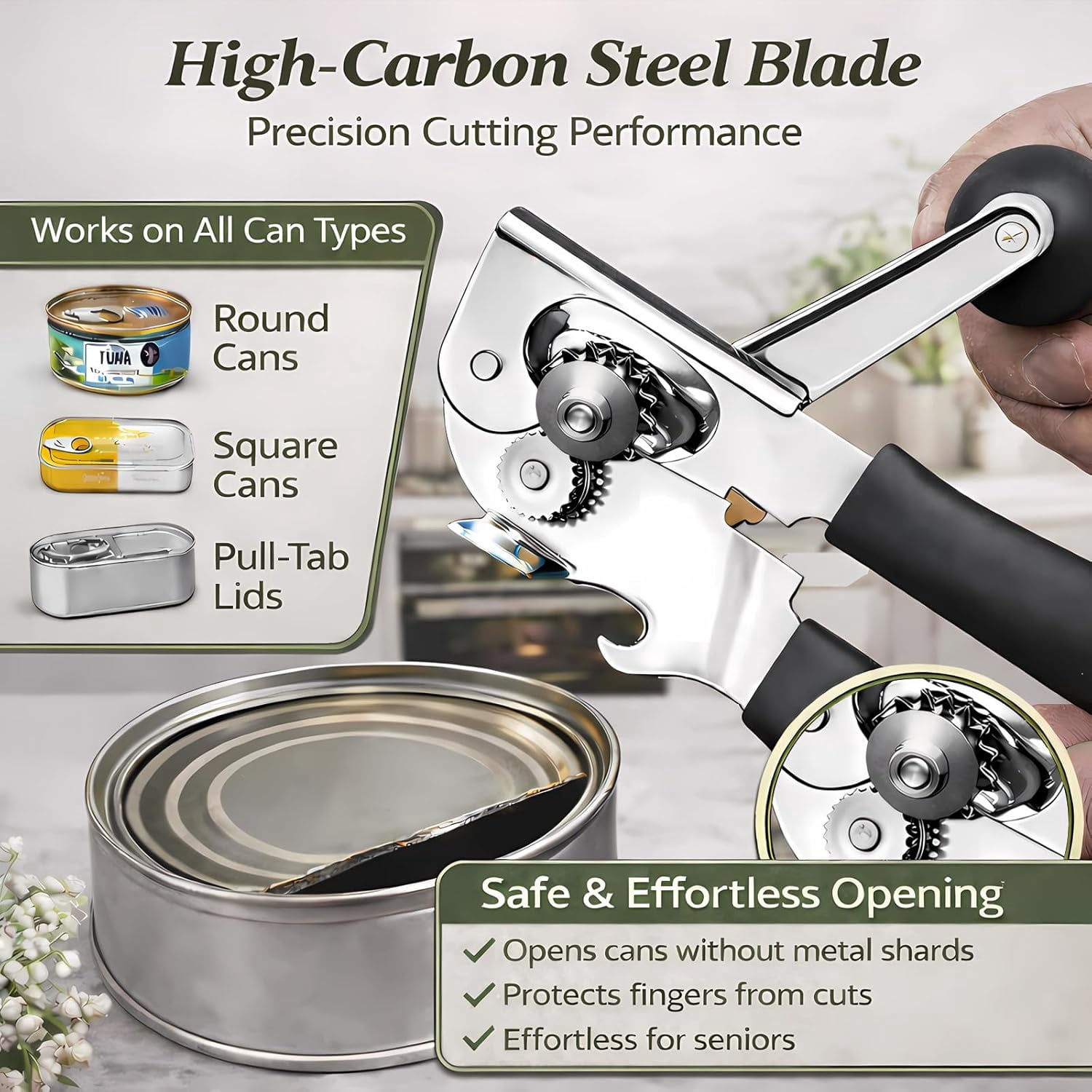 Heavy Duty Manual Can Opener for Seniors & Adults with Magnetic Lid Lifter - Easy Open Smooth Edge Safe Cut, Stainless Steel Large Cans, Kitchen Camping Commercial Bottle
