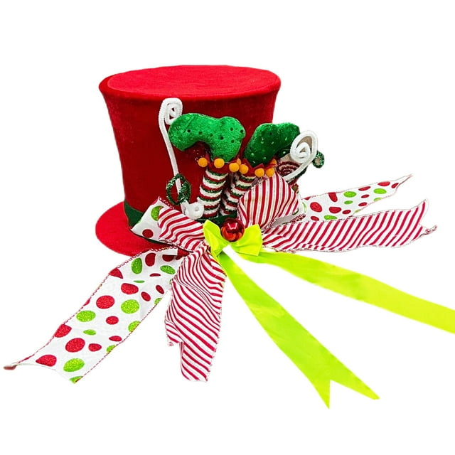 SIfdSeng Get it Fast Candy Christmas Tree Topper Hat Red Tree Topper Hat with Candy Peppermint Bows Ribbon Ornament Top Hat Christmas Tree Topper for Home Holiday Xmas Tree Decoration