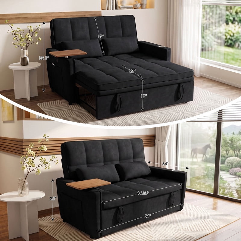 Anpport 3‑in‑1 Convertible Sleeper Sofa Bed, Pull‑Out Sofa with Side Desk, USB Ports, Cup Holders, Storage Armrests & Adjustable Backrest for Living Room Apartment, Black