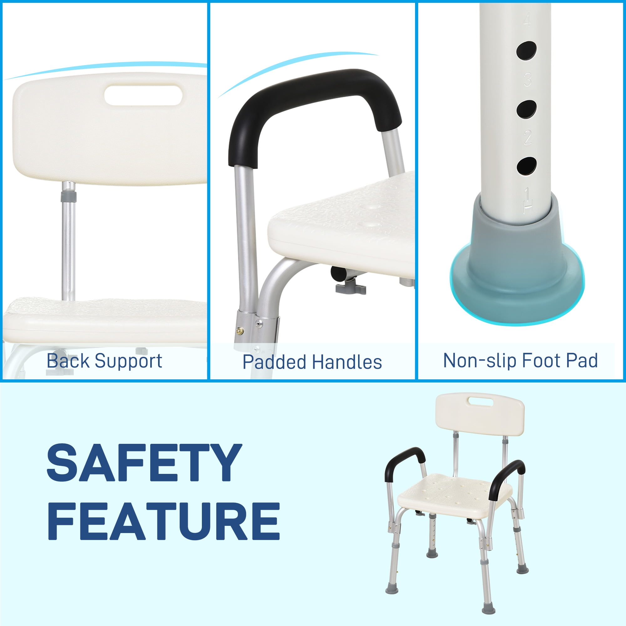 HOMCOM Adjustable Medical Shower Chair with Back Bathtub Bench Bath Seat with Padded Arms Non Slip Tub Safety for Disabled Seniors Elderly