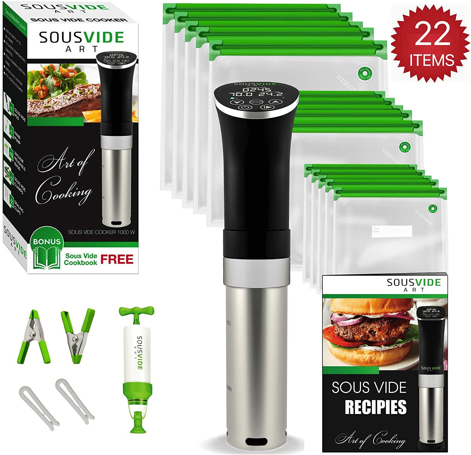 SOUSVIDE ART Sous Vide Cooker Kit (Deluxe) - Sous Vide Machine Immersion  Cookers Circulator, 30 Vacuum Seal Bags, Vacuum Pump, Digital Timer, Temp