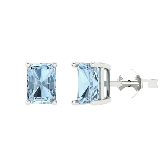 1 ct Push-Back Stud Earrings for Women | 6x4mm Emerald Cut Simulated Blue Diamond | 18K White Gold