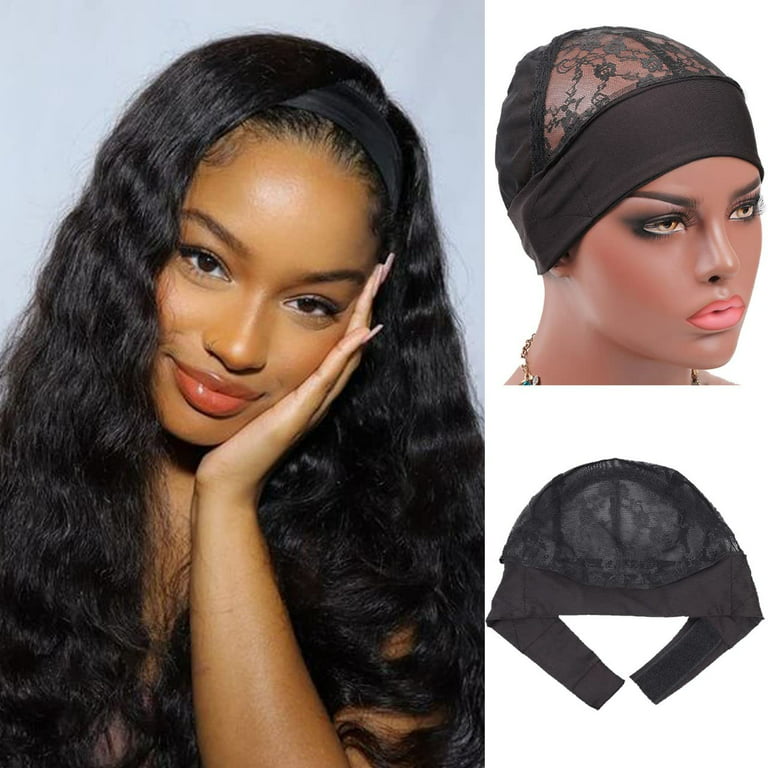 3 Pcs Headband Wig Cap- Wig Grip Cap for Wig Making with Adjustable Hook  and Loop Fastener Elastic Wig Band Suitable21-25 inches head (3pcs, Black)