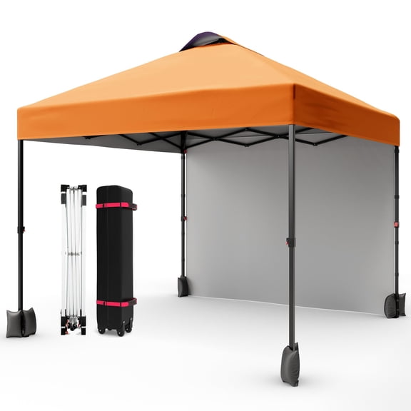 10X10 Ft Pop-Up Canopy Tent with Sidewalls & Vented Roof Easy Setup Instant Shade Shelter for Picnic, Camping, Includes Storage Bag, Sandbags, Stakes & Ropes(Black Support Orange Cloth)