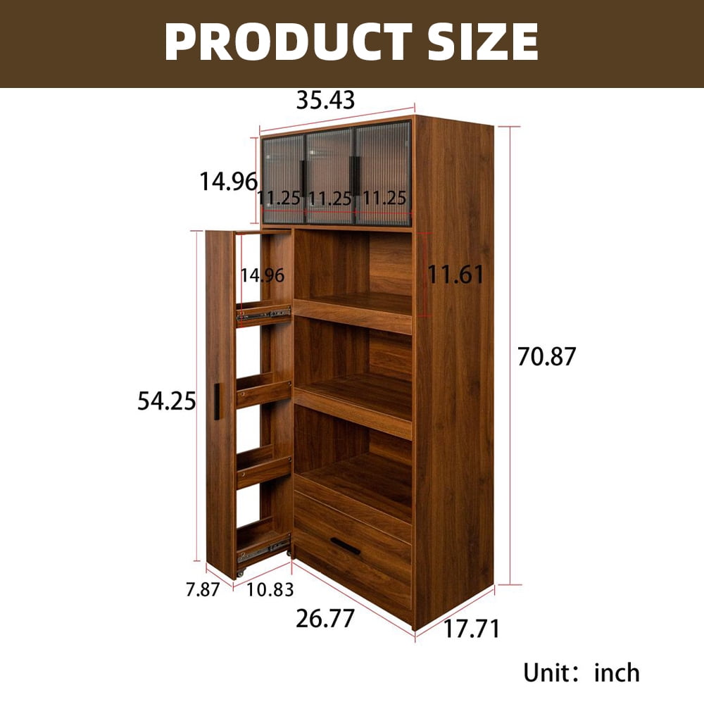 LUMAMIN 71" Kitchen Pantry Storage Cabinet with Pull-Out Multi-Tier Storage Shelf, Tall Kitchen Hutch Pantry Cabinet with Drawer and Microwave Stand Walnut