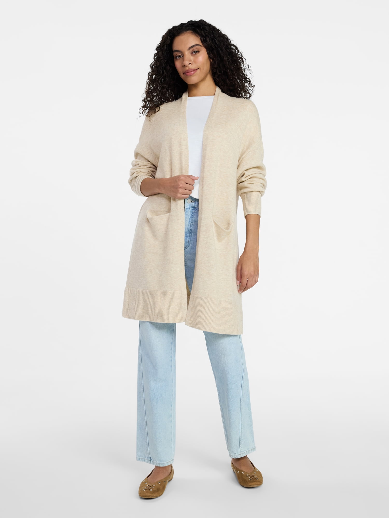 Time and Tru Women's Long Open Front Cardigan Sweater with Long Sleeves, Sizes XS-XXXL