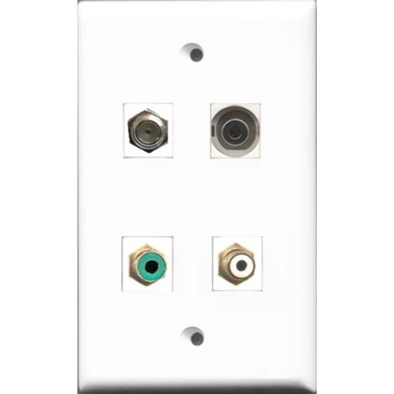 RiteAV 1 Port RCA White and 1 Port RCA Green and 1 Port Coax Cable TV- F-Type and 1 Port 3.5mm Wall Plate