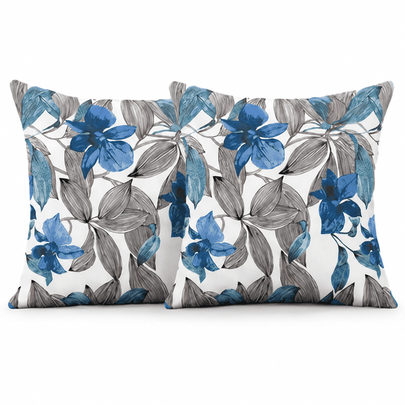 Modern Blue Gray Floral Throw Pillow Covers 18x18 Inch Set of 2, Double-Sided Plush Soft Decorative Pillow Cases for Sofa Couch Bed Living Room