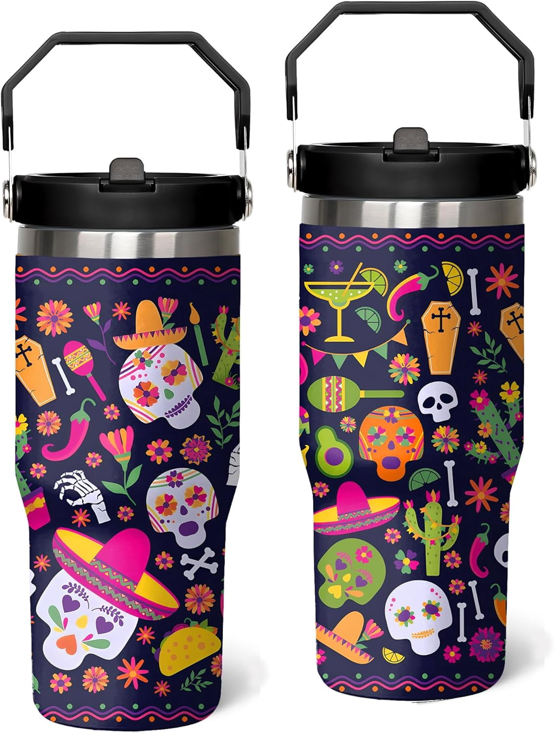 Skull Halloween Cup 30 Oz Tumbler with Handle and Flip Straw, Insulated Halloween Tumbler Keeps Drinks Cold & Hot, Stainless Steel Halloween Coffee Mug Halloween Themed Halloween Gifts For Women
