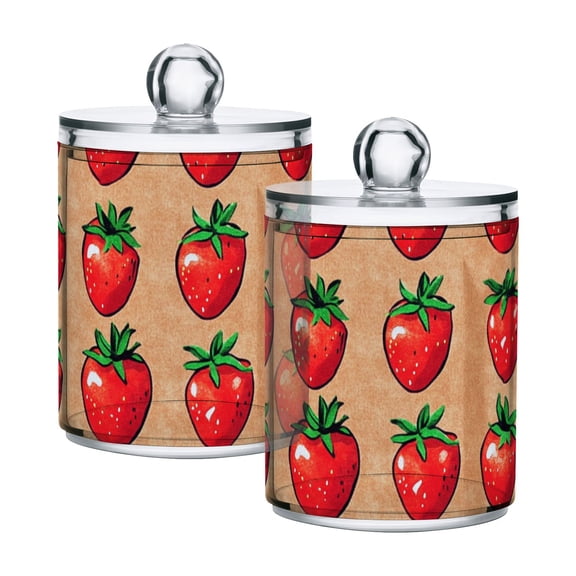 Brown Strawberry Print Cotton Swabs Cans Translucent Plastic Canisters Dustproof Lid for Bathroom Storage