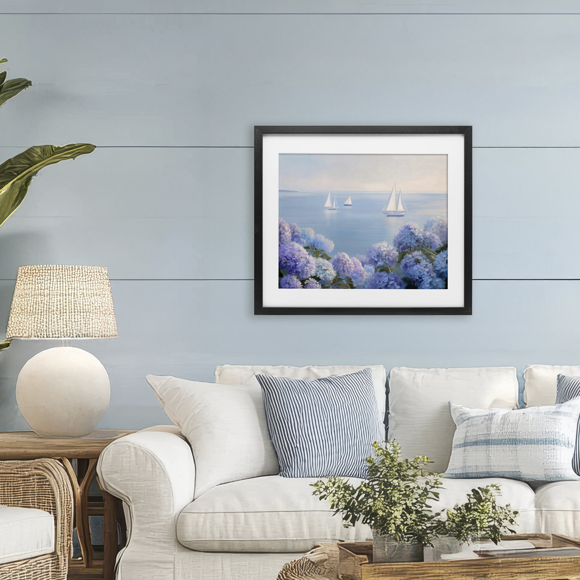 Stupell Industries Sailboats & Hydrangeas at Sea Black Framed Print Under Glass, design by LSR Design Studio