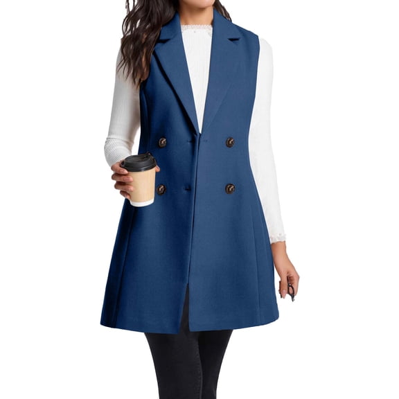 Miqool Womens Long Wool Vest Double Breasted Trench Coats Work Office Blazer Jacket Fall Winter Sleeveless Jacket