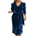 thumbnail image 1 of Femmes Velours Midi Robe Bodycon Couleur Unie V-Cou Tie-Up Robe à Manches Longues Robe de Soirée, 1 of 5