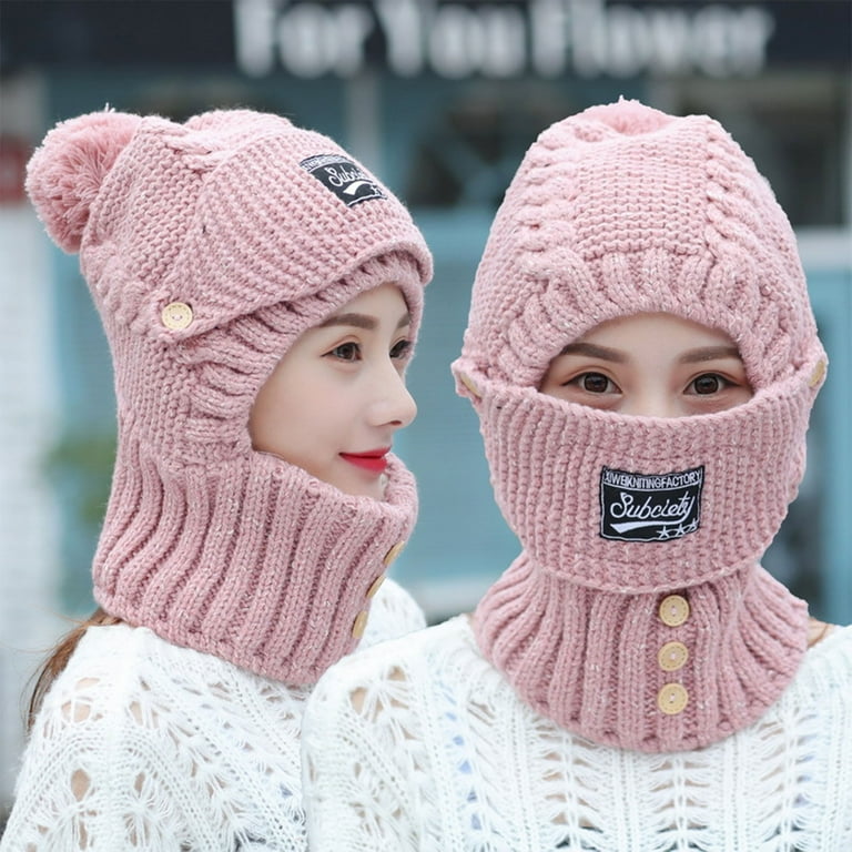 UoCefik Women Beanie Hats Winter Skull Cap with Face Cover Chunky Ski Large Beanie Hat Cold Weather Warm Cable Knit Funny Hats Pink Free Size Walmart
