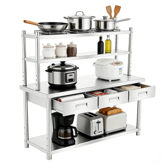 72" X 24" Stainless Steel Work Table with 72" X 12" Shelf & 3 Drawers, NSF-Certified Commercial Metal Table, Rust-Resistant Open Base Stainless Steel Table for Hospital Kitchen