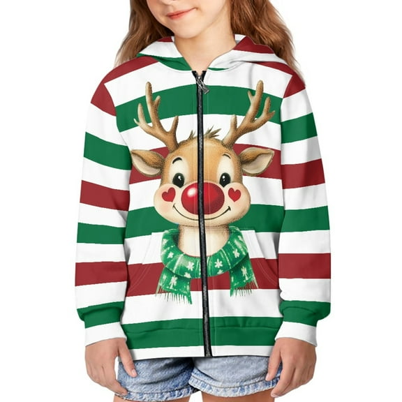 DISNIMO Christmas Reindeer Hoodie Girls Stripe Hoodies Sweatshirts for Kids Hoodies Boys Size 14-16 Zipper Hooded Sweatshirt Girl Hoodie Jackets Full Zip Hoodie Junior Fall Clothing for Children