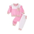 thumbnail image 2 of Aojekbee Baby Girl Fall Outfit, Contrast Color Frill Trim Long Sleeve Tops Elastic Waist Pants with Pockets 2 Piece Set, 2 of 10