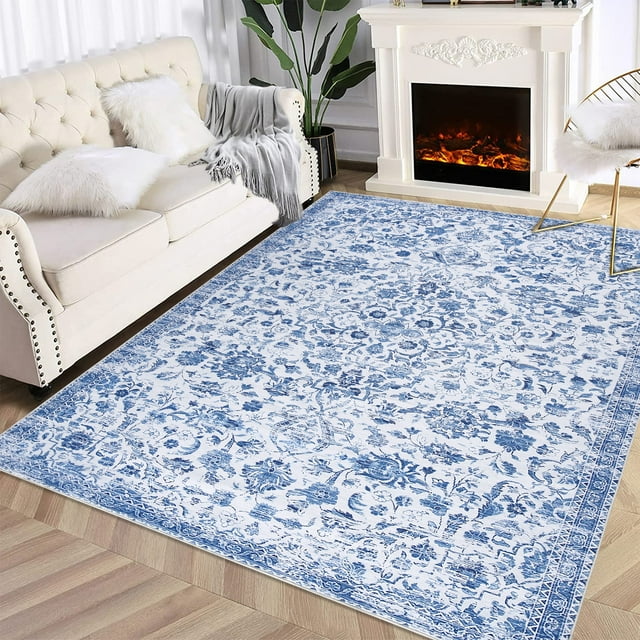 Vintage Flower Area Rug 5x7ft, Retro Distressed Oriental Design Non-Slip Washable Low Pile Carpet for Living Room & Bedroom