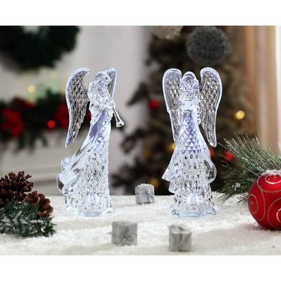 Set of 4 Clear Contemporary Diamond Cut Trumpet Angel LED Lighted Tabletop Decor 8.75"