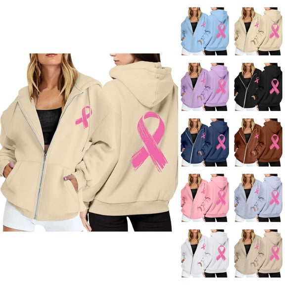 Cancer Awareness Hoodie for Women 2025 Long Sleeve Full Zipper Hoodies with Pockets Hooded Sweatshirt Jacket