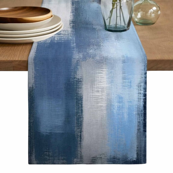 Navy Blue Ombre Table Runner, Modern Oil Painting Geometric Washable Cotton Linen Table Runners 108 Inches Long, Dresser Scarf Runner for Dining/Living Room/Kitchen/Square Tables 13''x108''