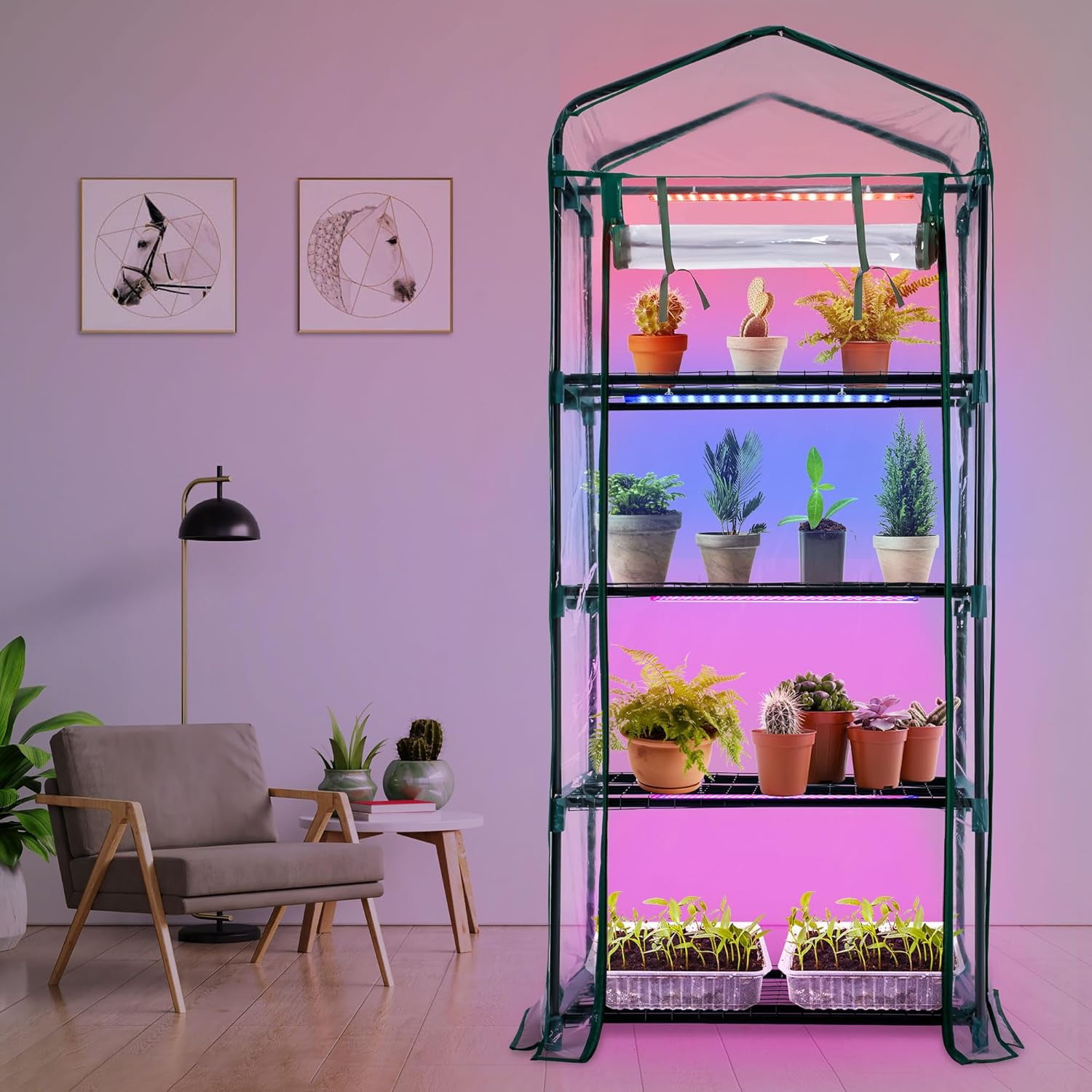 Indoor Greenhouse with LED Grow Lights, 4 Tier Mini Greenhouse with Roll-Up Zipper PVC Waterproof Cover and Trays, Dimmable Plant Grow Light for Indoor Plant with Timer, 27 L X 19 W X 63 H