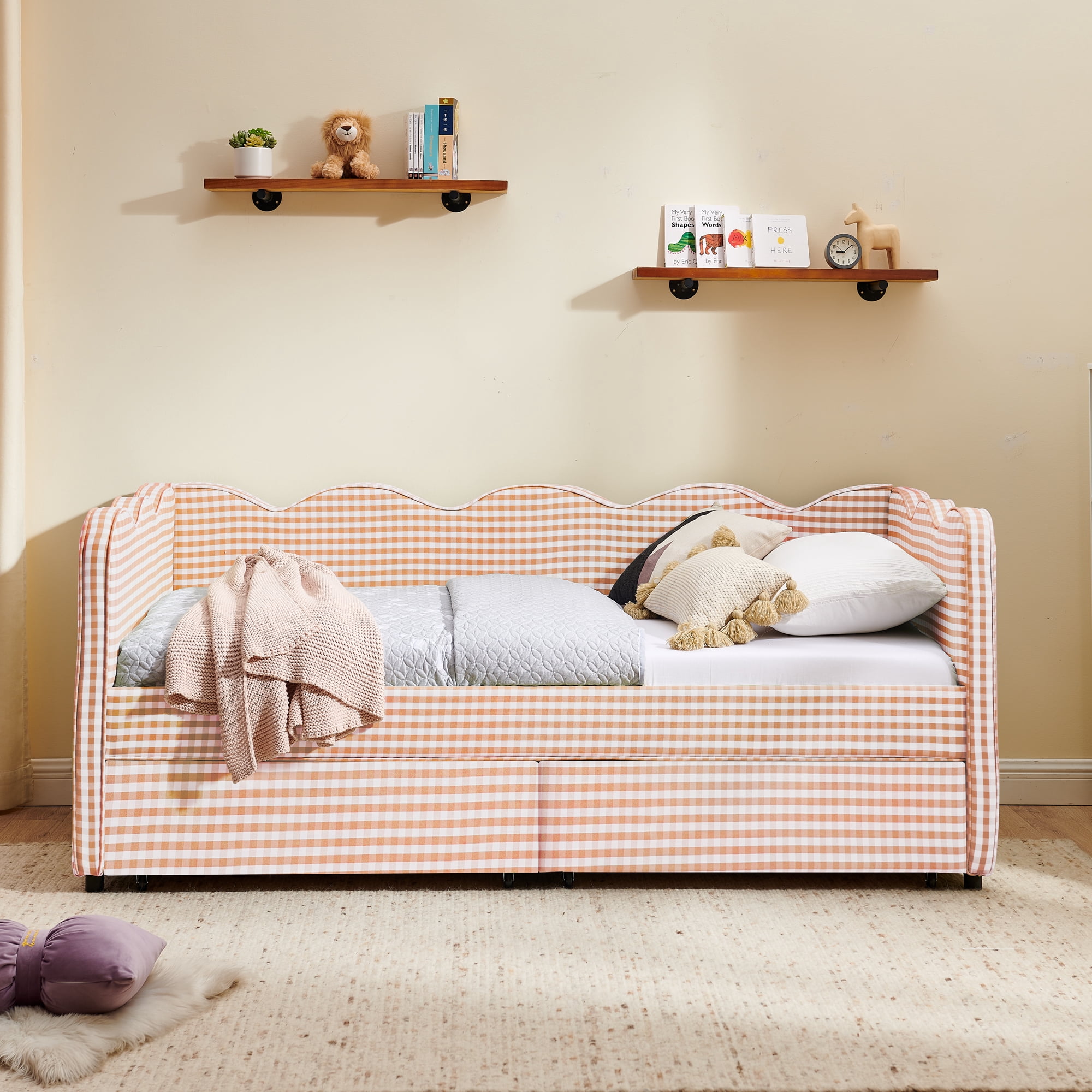 Twin Size Daybed with Storage Drawers and USB Port, Upholstered Linen Sofa Bed with Trundle Style Design, Kids Daybed Frame for Bedroom Living Room, Pink