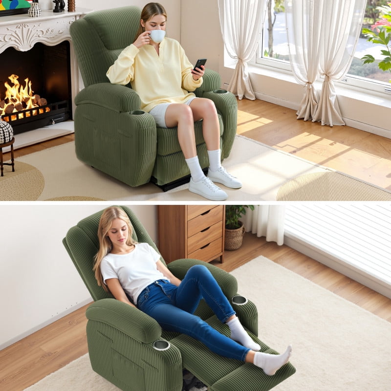Lacoo Power Lift Recliner Chair with Massage Ergonomic Chair for Elderly with Infinite Position Side Pocket, Corduroy Green