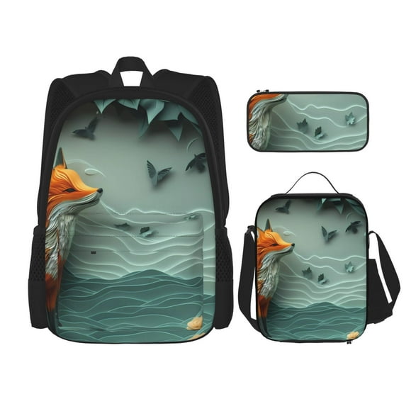 Lsque Paper Fox Crow Fantasy Pattern School Bag Set -Backpack with Pencil Case and Lunch Bag,3-in-1 School Bag,Kids Backpack Set for Boys and Girls