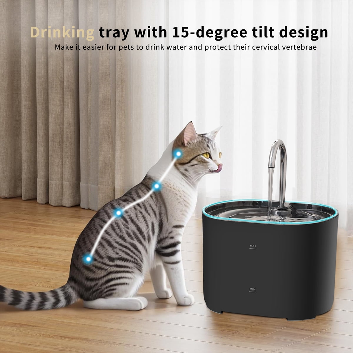 74oz/2.2L Automatic Cat Water Fountain,stainless steel faucet,Ultra-Quiet Pump,Three-Layer Filtration System,Suitable for Cats & Small Dogs Pet Water Dispenser,Black with 4pcs Filters