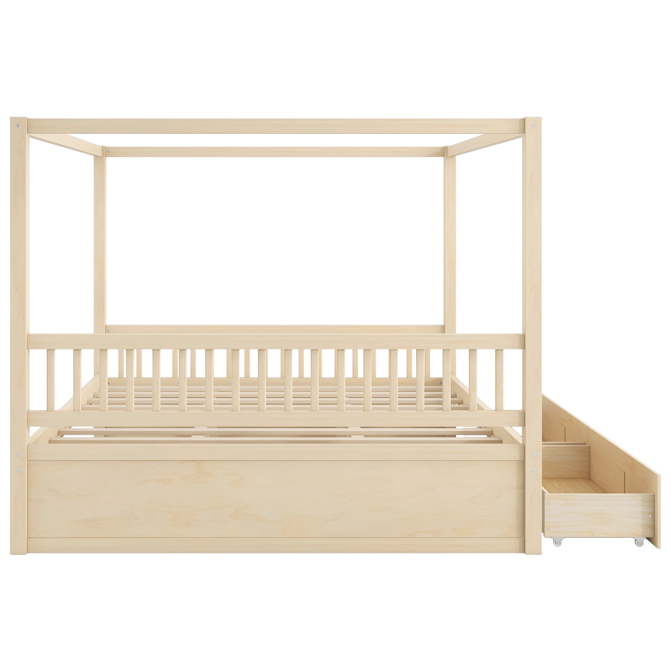 Noble House Stefan King Size Wooden Canopy Bed Frame with Storage Drawers, Farmhouse Decor Style, Natural
