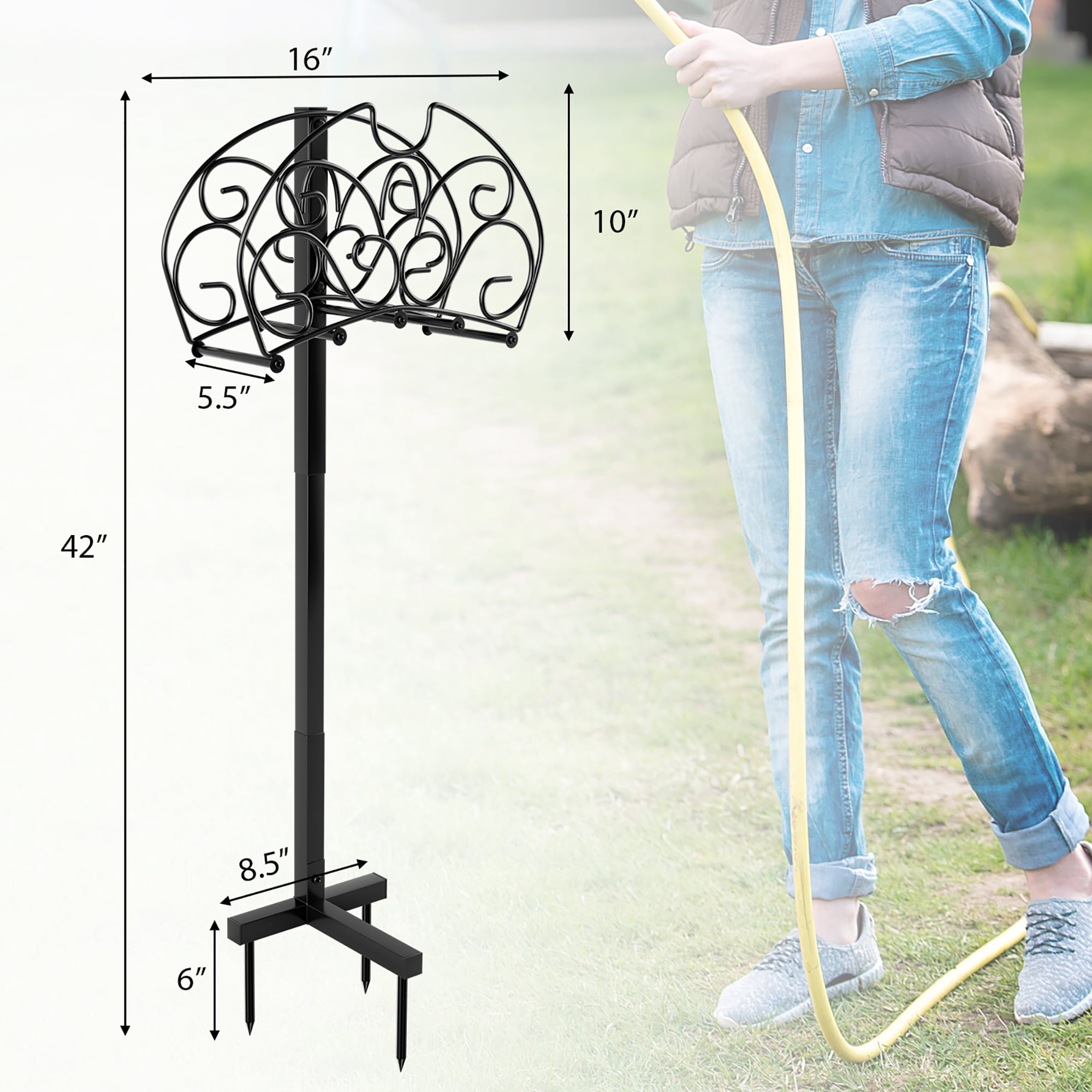 Gymax Garden Hose Holder Freestanding Water Hose Stand Detachable Metal Hose Holder