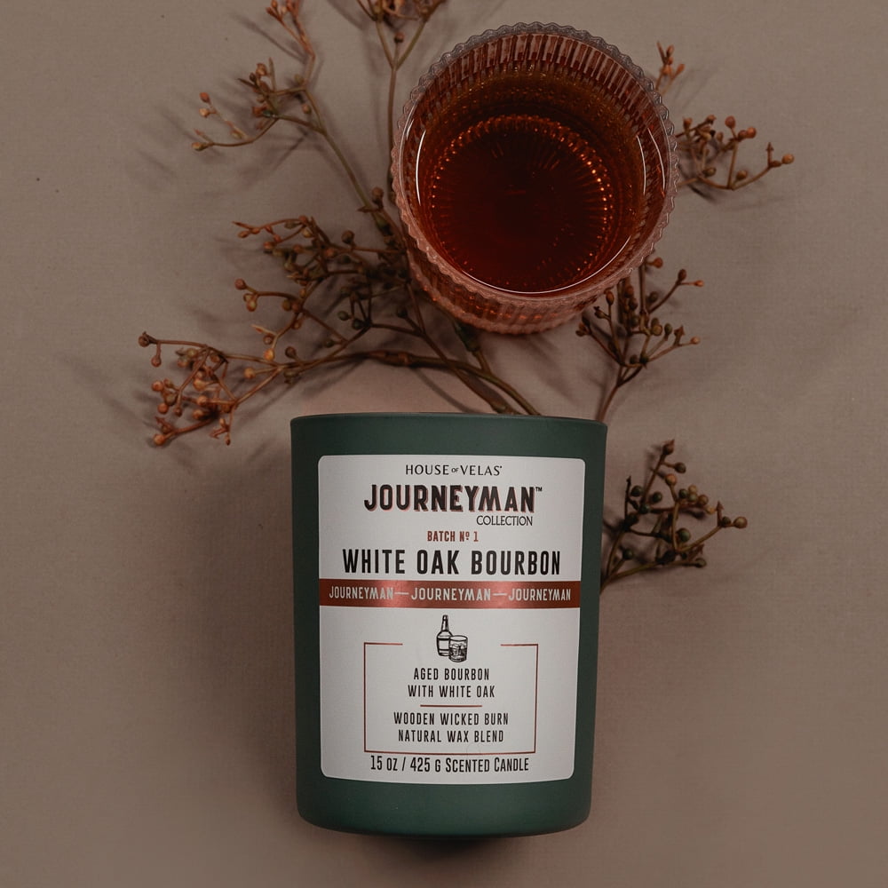 House of Velas, Journeyman Collection, White Oak Bourbon Scented Candle, 15oz, Wooden Wick