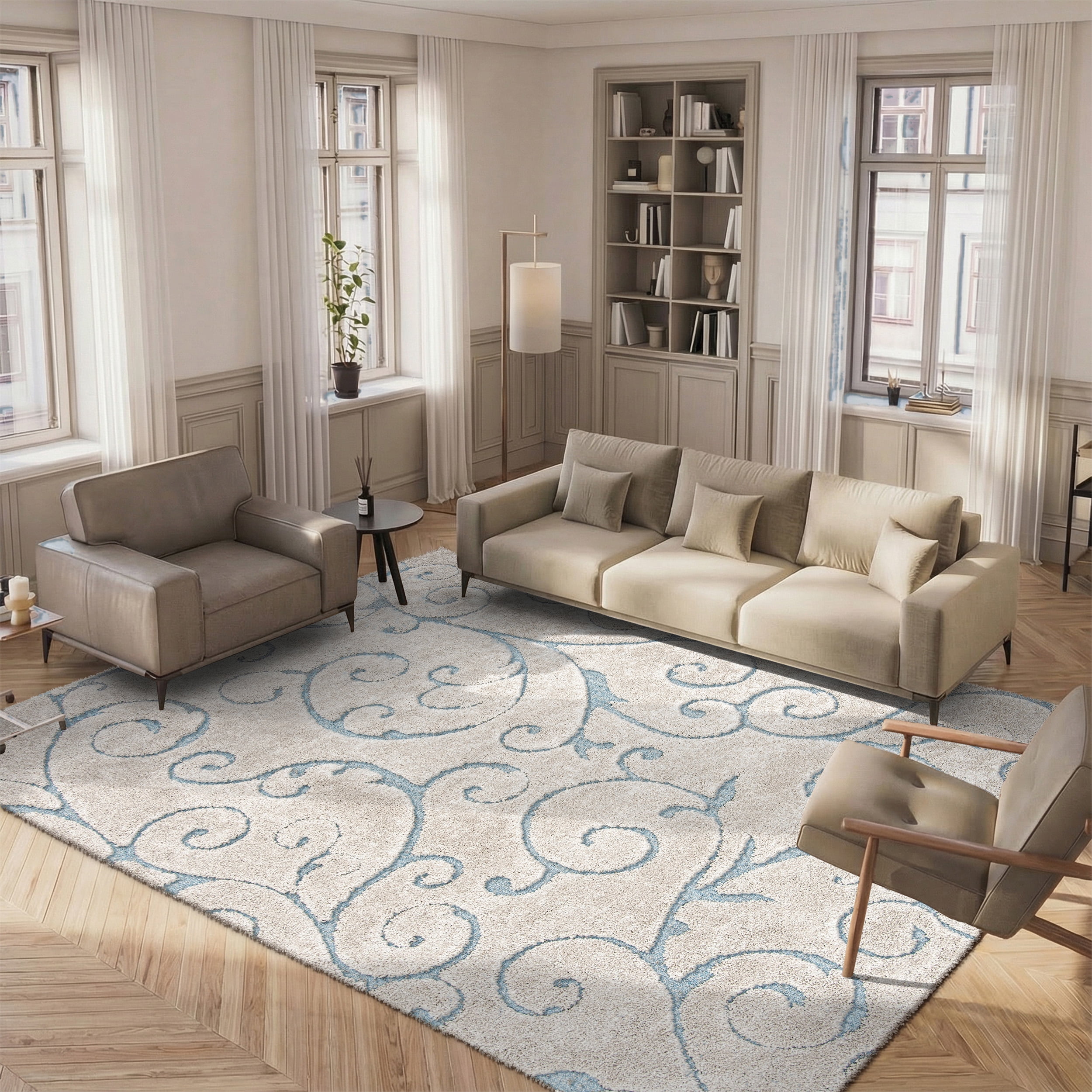 SAFAVIEH Florida Doug Floral Vines Geometric Shag Area Rug, Beige/Blue Grey, 8' x 10' - Large - Transitional Modern Design, Beige & Blue Grey, Non-Shedding & Easy Cleaning, Ultra Plush Thick Pile, Id