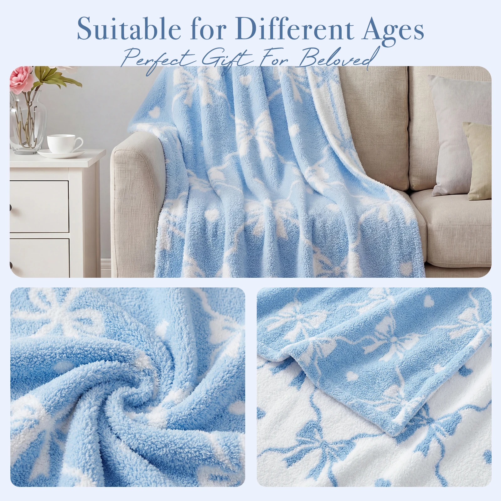 Catami Reversible Throw Blanket,Blue Bow,50*60