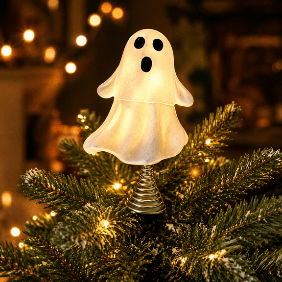 Ghost Christmas Tree Topper Halloween White Ghost Tree Top Ornament With Spring Base For Christmas Trees And Seasonal Holiday Decorations White