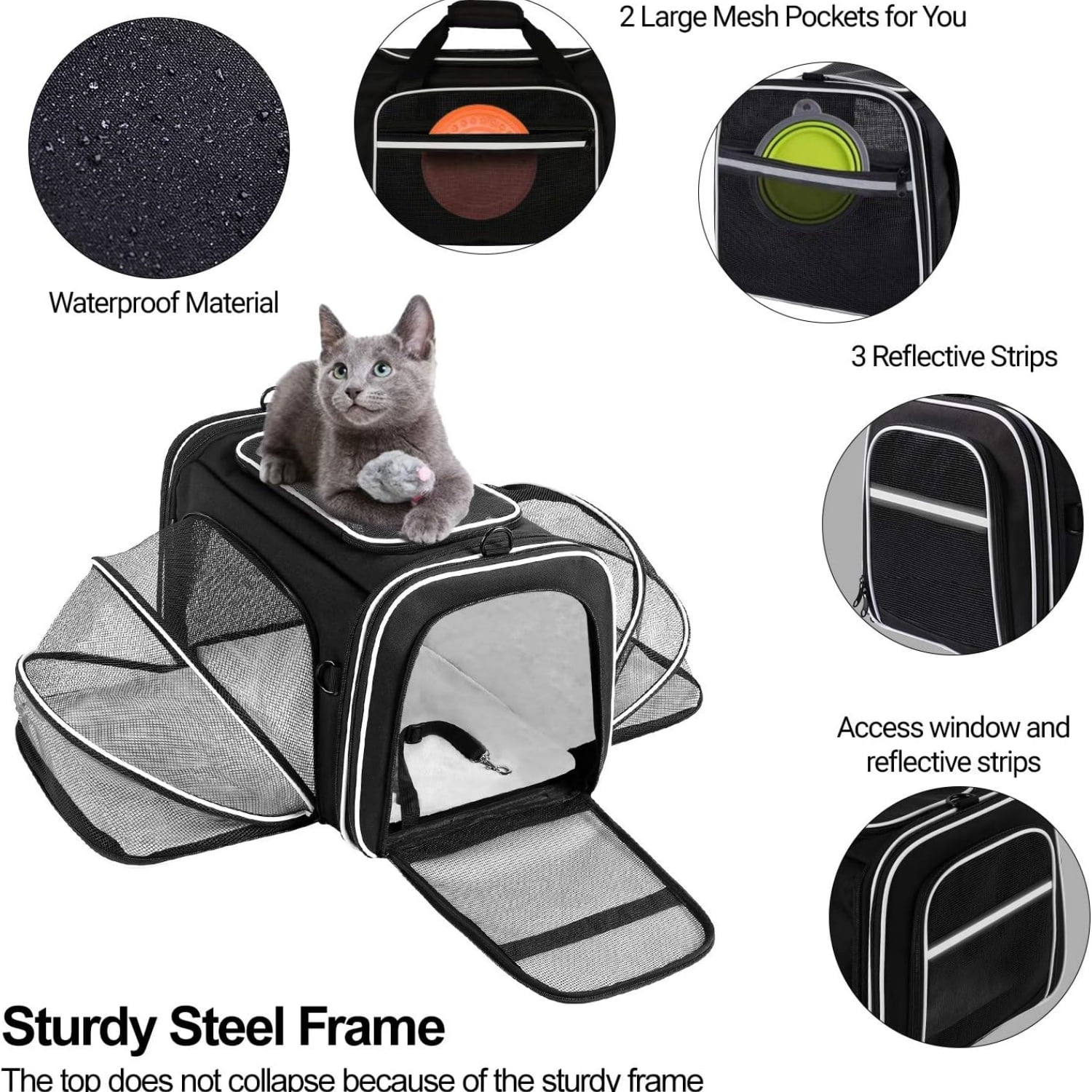 Large Pet Travel Carrier,4 Sides Expandable with 2 Mesh Pockets,3 Entry, Soft Sided Collapsible Dog Carrier for 2 Cats,Kittens,Puppies,Dog