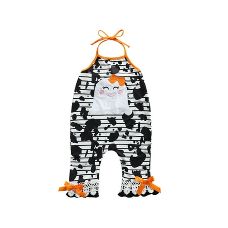 

Izhansean Toddler Baby Girls Backless Cartoon Ghost Striped Bow Halter Romper Jumpsuit Halloween Casual Outfits Black 4-5 Years