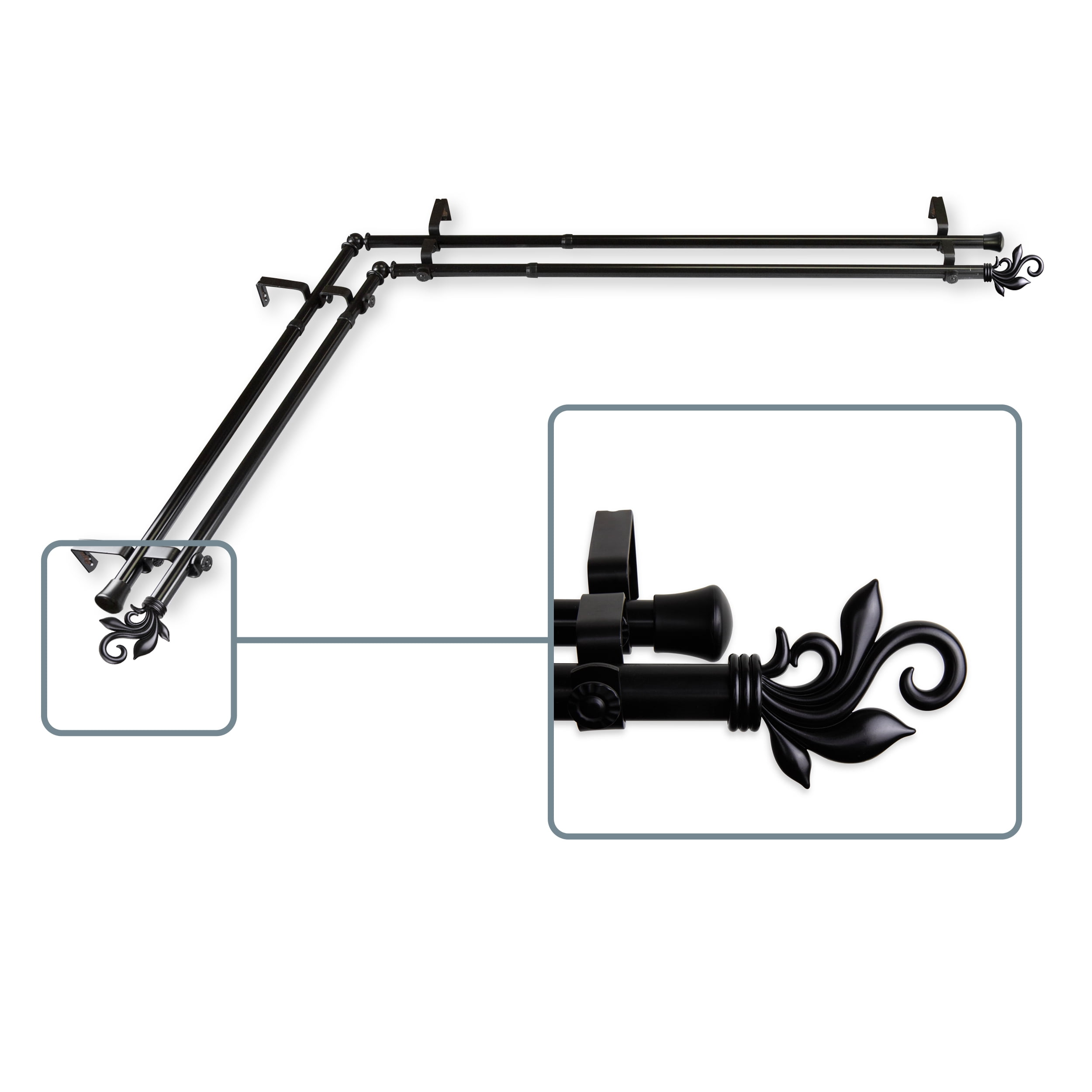 Giles 13/16 inch Double Corner Window Curtain Rod 120-170" - Black