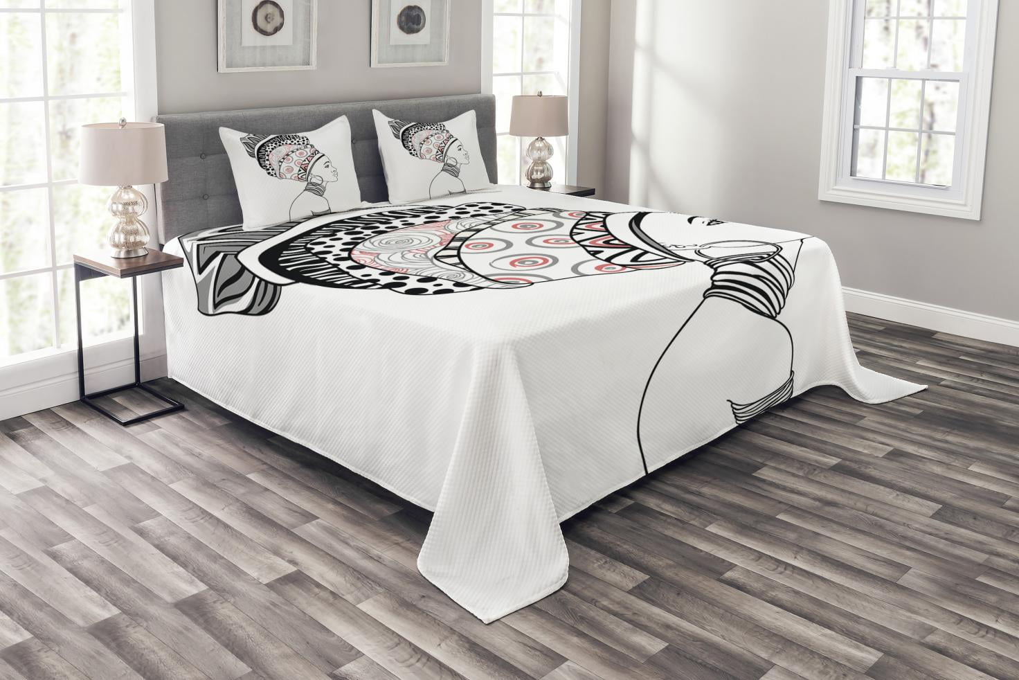 African Bedspread Set, Exotic Safari Lady in Boho Turban Glamour