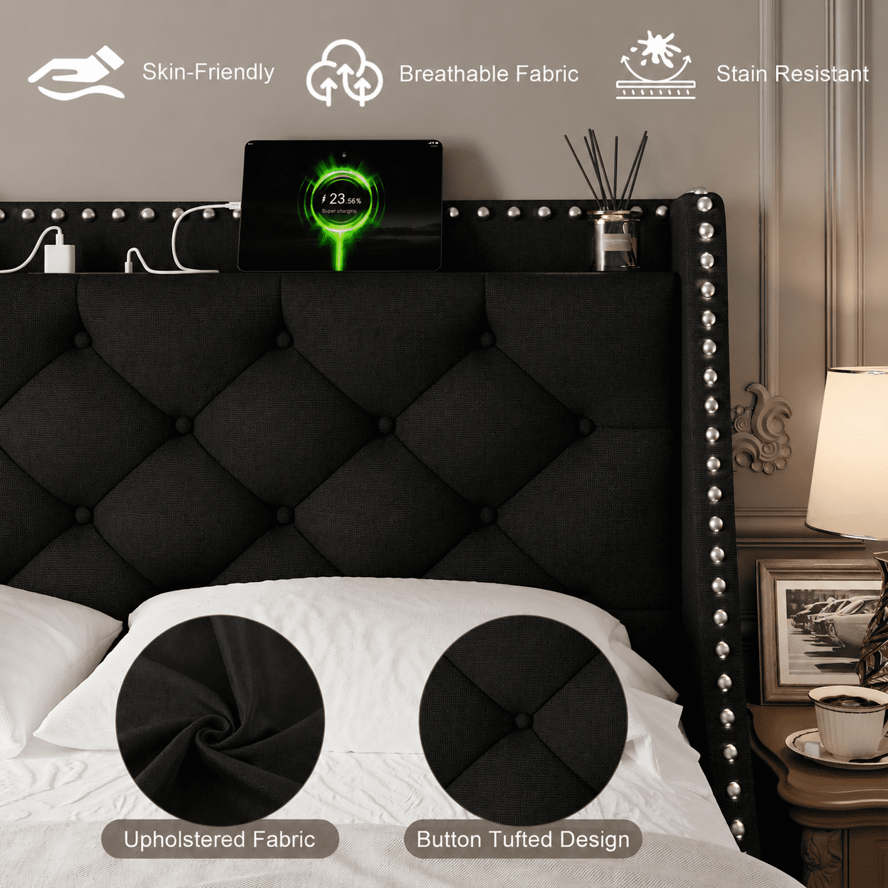 Virans Full Bed Frame with 16" Deluxe Wingback & Charging Station, Upholstered Platform Bed with Button Tufted Storage Headboard,Black