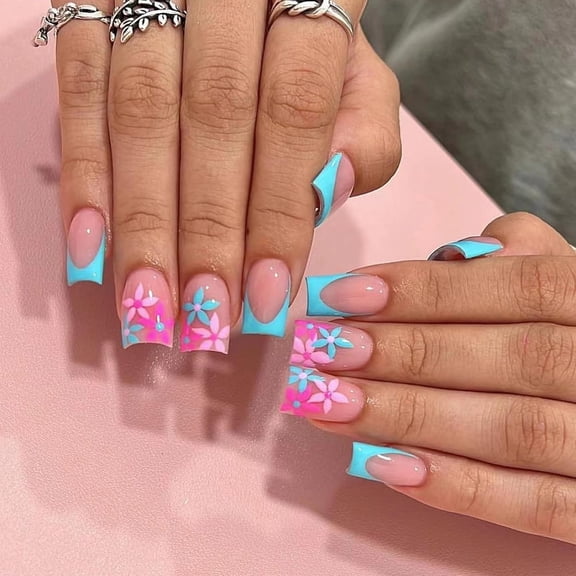 Press on Nails Short Square Fake Nails Glossy Glue on Nails Summer Blue French Tip Acrylic Nails Squoval Artificial Nails Cute Flower Stick on False Nails with Design 24 pcs 05210Blue 0.04 Fl Oz