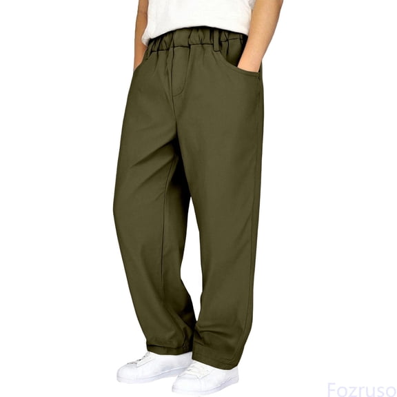 Fozruso Boys Cargo Pants With Multiple Pockets Straight Leg Casual Outdoor School Trousers Elastic Waist Comfortable For Kids Cargo Pants for Casual Outdoor Sizes 7-8 Years(Green)