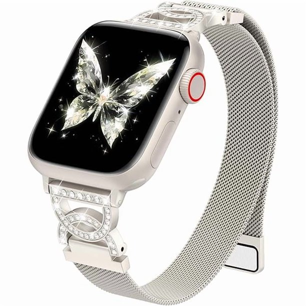 wonima44 Thin Mesh Loop Compatible with Apple Watch Bands for Women 40mm 41mm 38mm 42mm Series 10 SE 9 8 7 6 5 4 3 2 1, Stainless Steel Magnetic Metal Strap with Double C-Shape Bling Clasp for iWatch