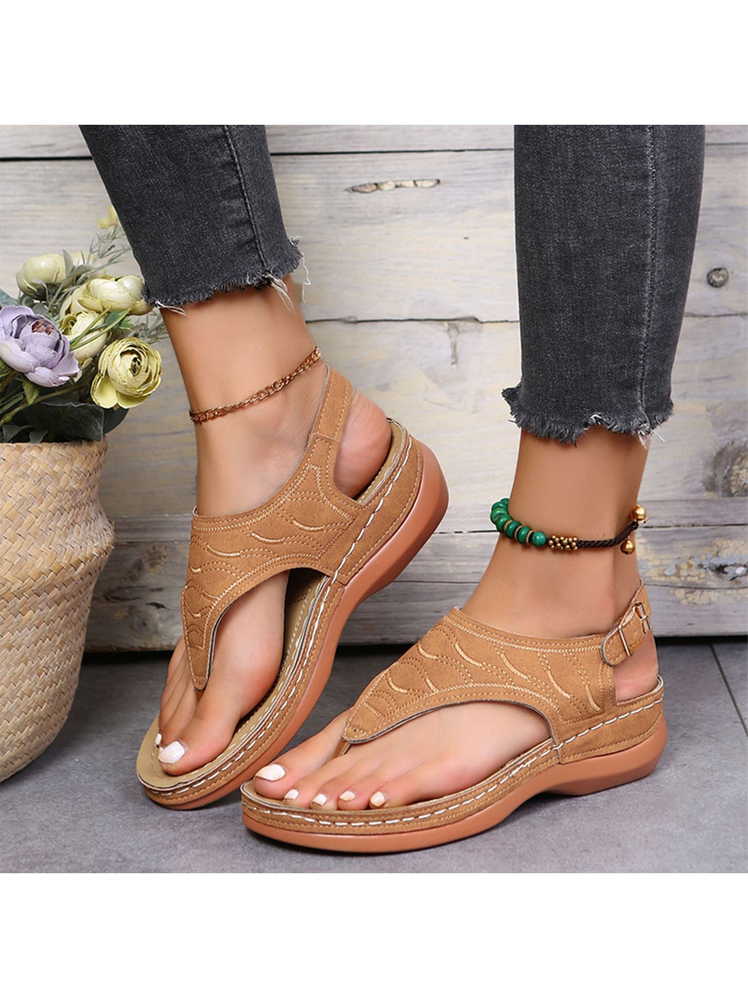 Zodanni Lady Flip Flop Roman Style Shoes Wedge Sandals Work Thong Sandal  Daily Soft Open Toe Brown 8.5 