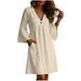 thumbnail image 4 of Vivianyo HD Women's V-Neck Single Button Midi Dress, 3/4 Bell Sleeve Solid Loose Casual Dresses with Side Pocket for Women, Women's Beige, Sizes S-2XL, 4 of 7